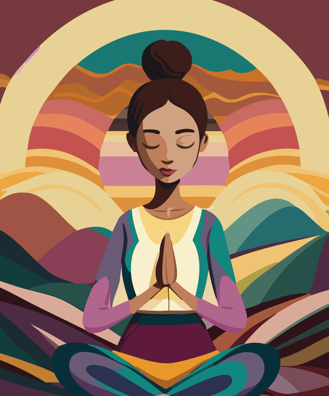Illustration of a female yogi in a meditative pose, she is meditating in welcome. Inviting everyone for a session of yoga and meditation with team Yogalaya